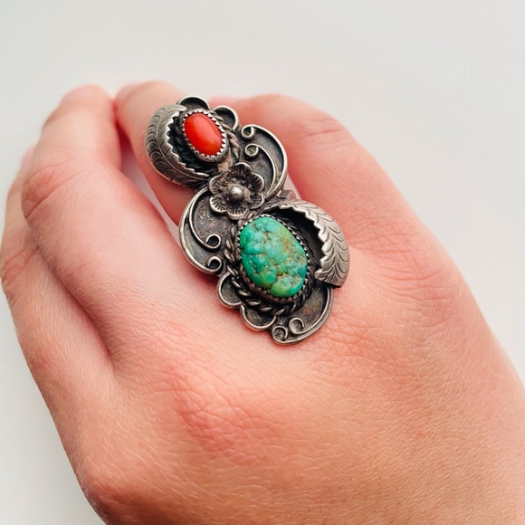 Vintage sterling silver Turquoise coral flower Navajo Ring - Picture 3 of 15